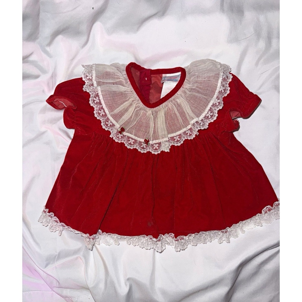Vintage Sweet Liberty Red Christmas Baby Dress Bloomers Set 6-9 Months Lace USA